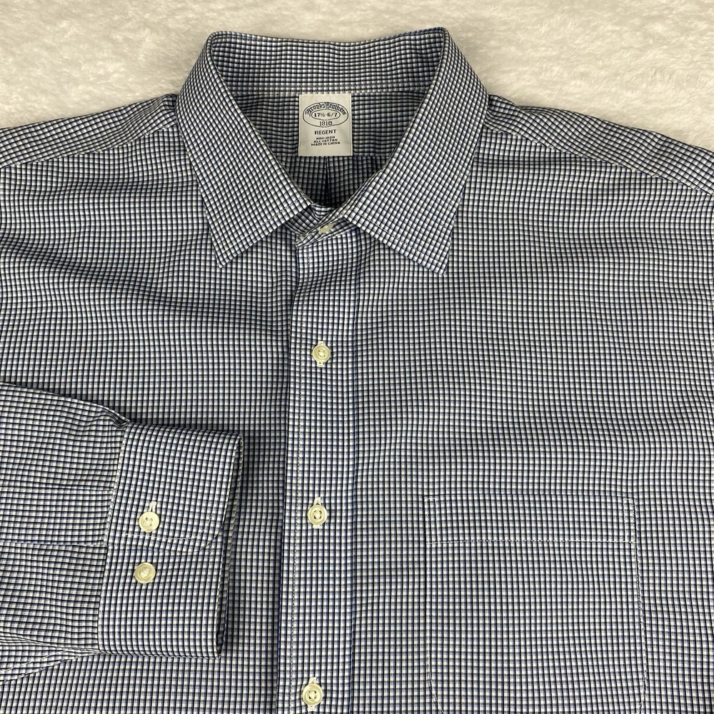 Brooks Brothers Dress Shirt Mens 17.5-6/7 Blue Checks Regent No Iron